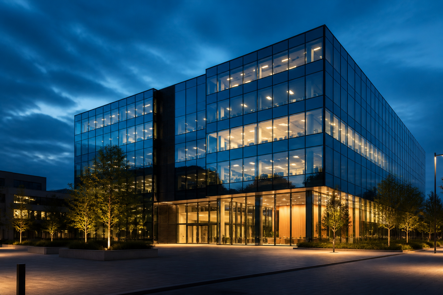 Modern office buildings at dusk